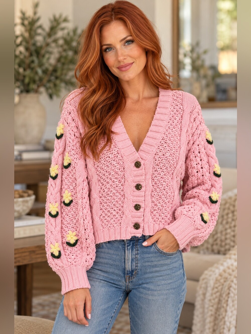 POL Pink Floral Embroidered Chunky Knit Cardigan – Size Small – NWOT